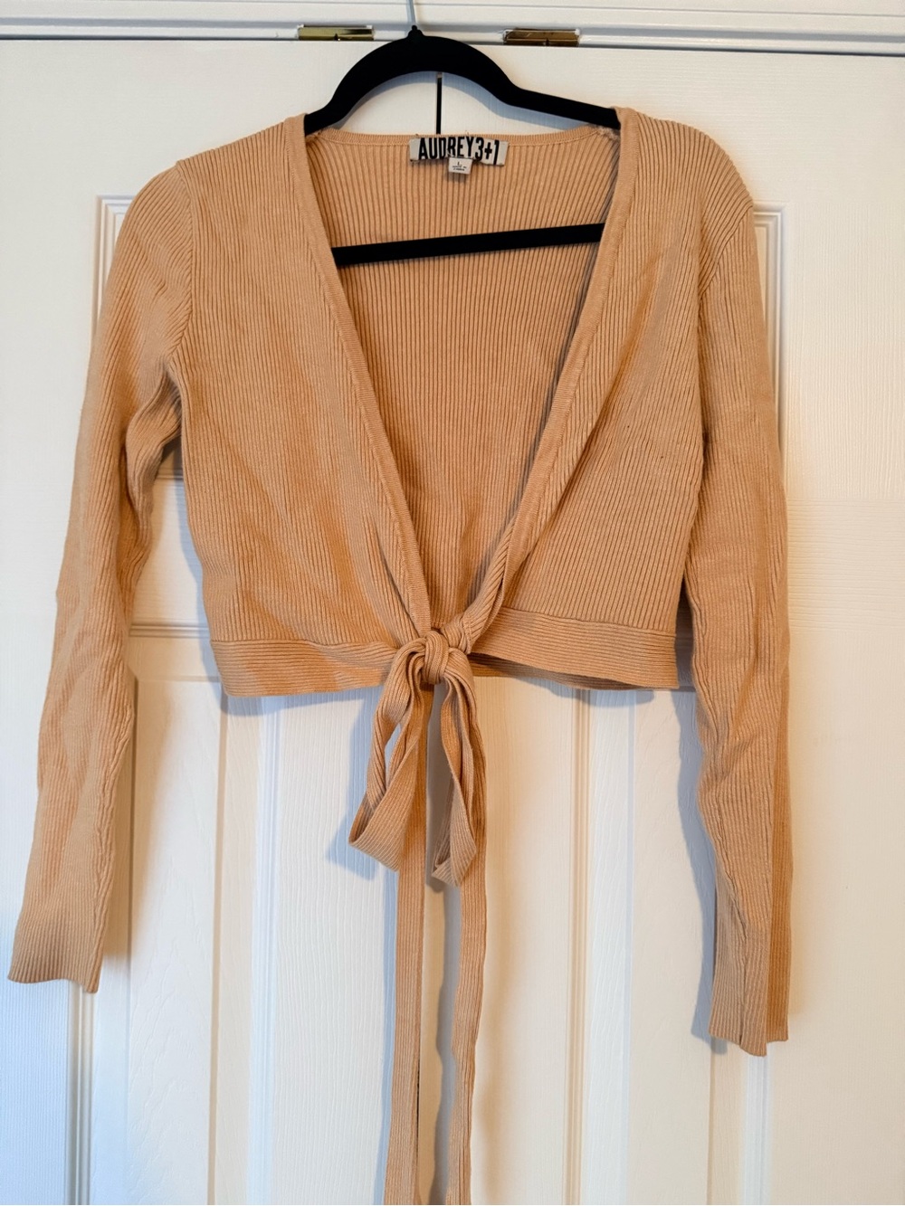Audrey 3+1 Ribbed Tie-Front Crop Top - Peachy beige